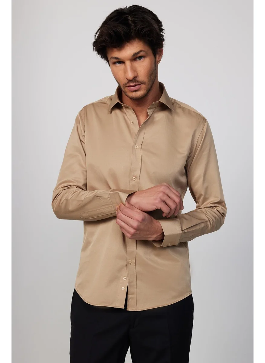 Tudors Modern Slim Fit Plain Satin Cotton Men's Cream Grey Shirt