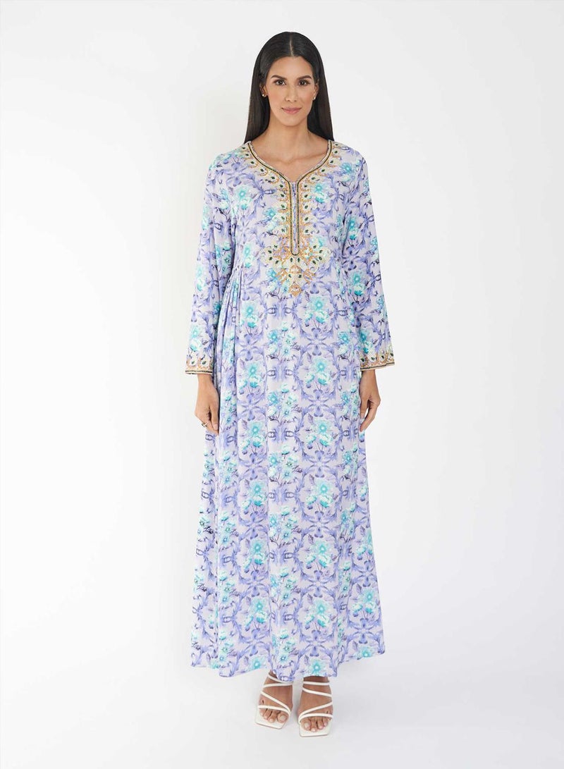 KASHKHA Printed Jalabiya with Cross Stitch Yoke Embroidery - Image 1