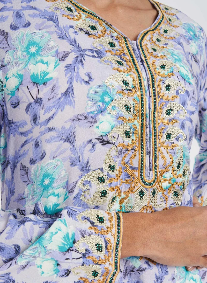 KASHKHA Printed Jalabiya with Cross Stitch Yoke Embroidery