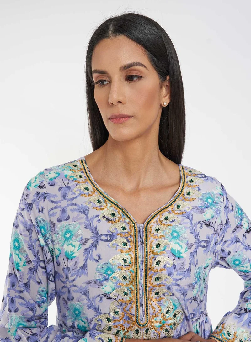 KASHKHA Printed Jalabiya with Cross Stitch Yoke Embroidery