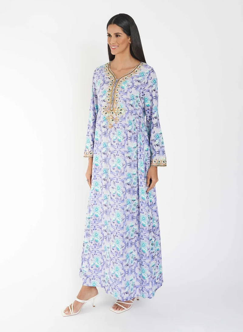 KASHKHA Printed Jalabiya with Cross Stitch Yoke Embroidery