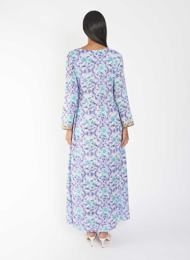 KASHKHA Printed Jalabiya with Cross Stitch Yoke Embroidery - Image 2