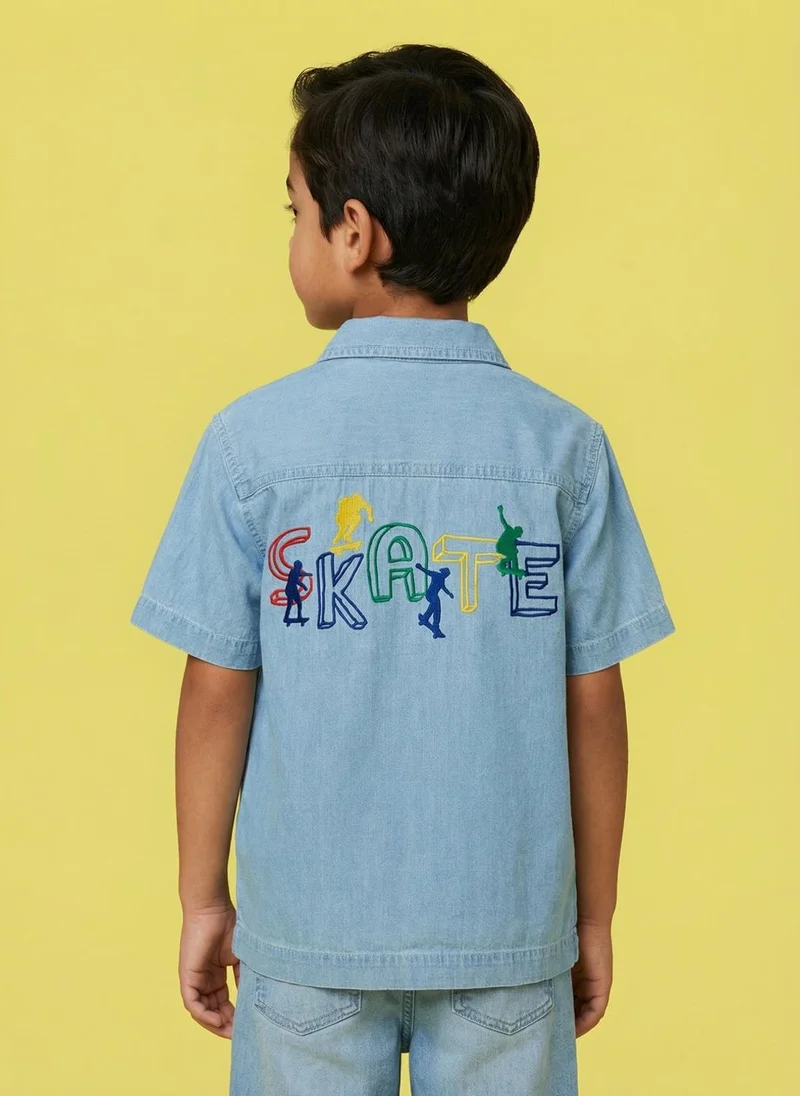 نوتيناتي Nautinati Boys Pure Cotton Graphic Oversized Denim Resort Shirt