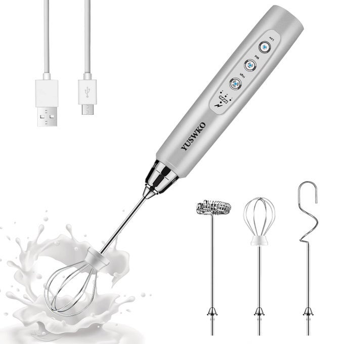 RECHARGEABLE MILK FROTHER HANDHELD WITH 3 HEADS SILVER COFFEE ELECTRIC WHISK DRINK FOAM MIXER MINI HAND STIRRER WITH 3 SPEEDS ADJUSTABLE FOR LATTE CAPPUCCINO HOT CHOCOLATE EGG