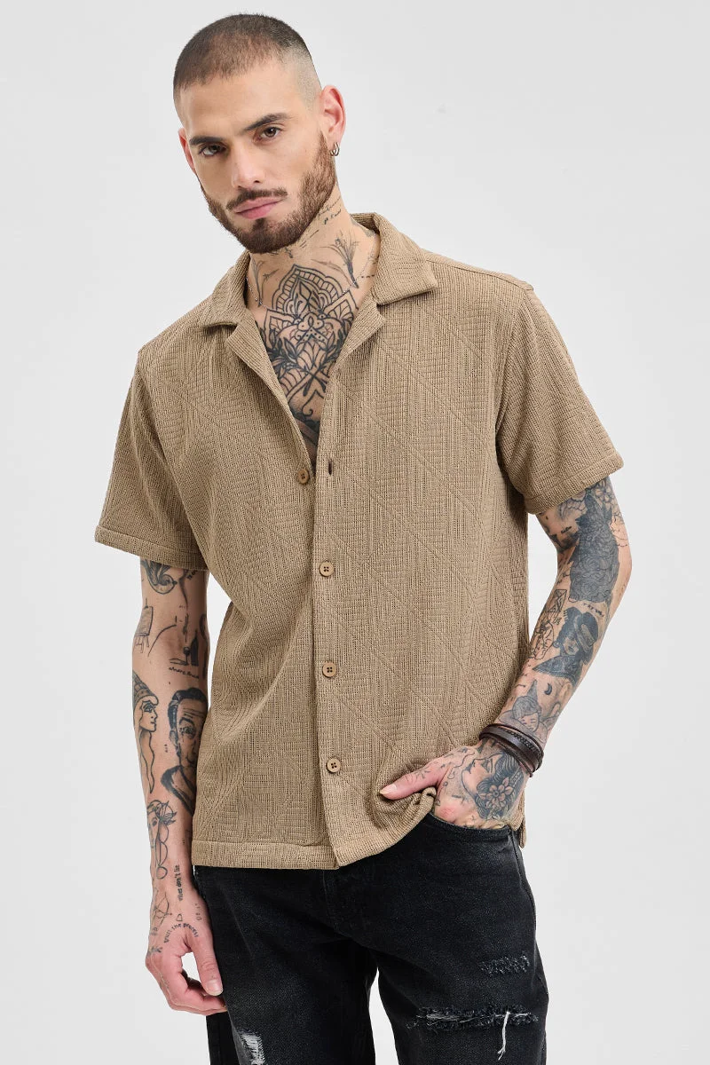 SNITCH Beige Textured Half Sleeve Boxy Casual Shirt