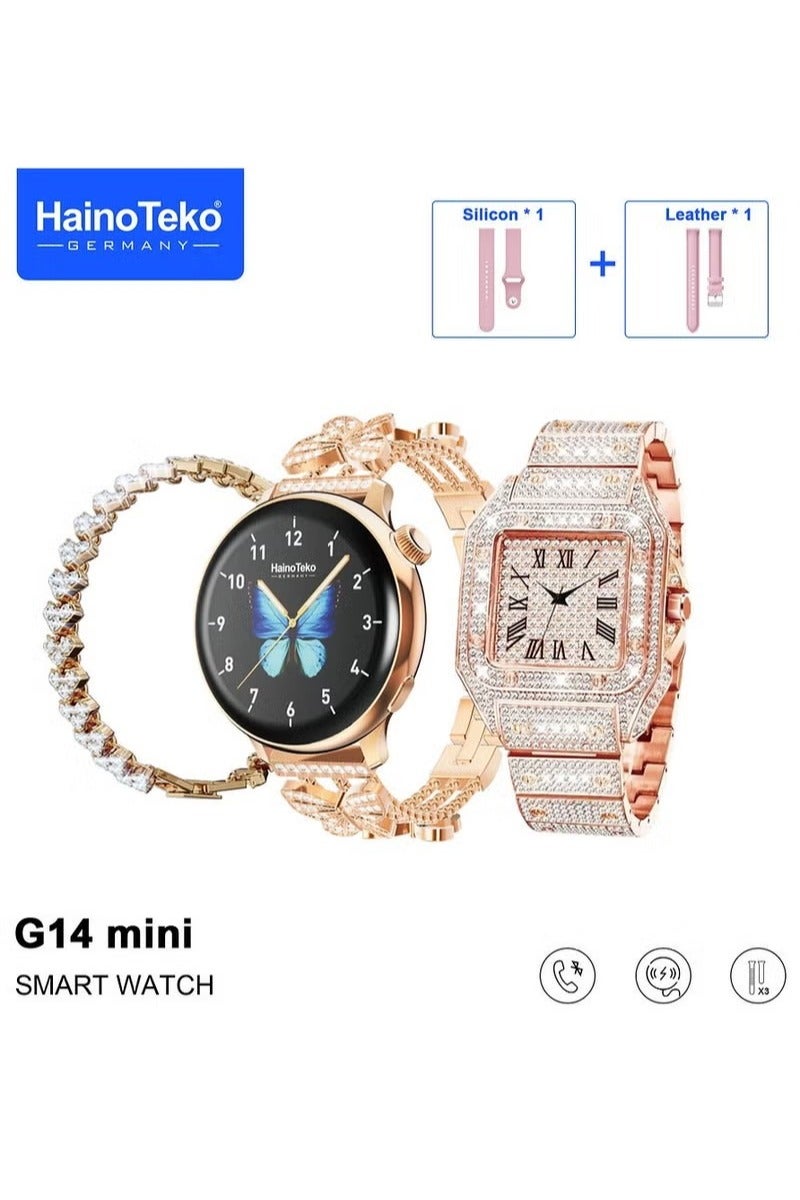 Haino Teko Haino Teko G14 Mini Smart Watch Combo for Women – Gold Smartwatch, Stylish Analog Watch, Bracelet, 3 Interchangeable Straps – Elegant Gift Set - Image 1