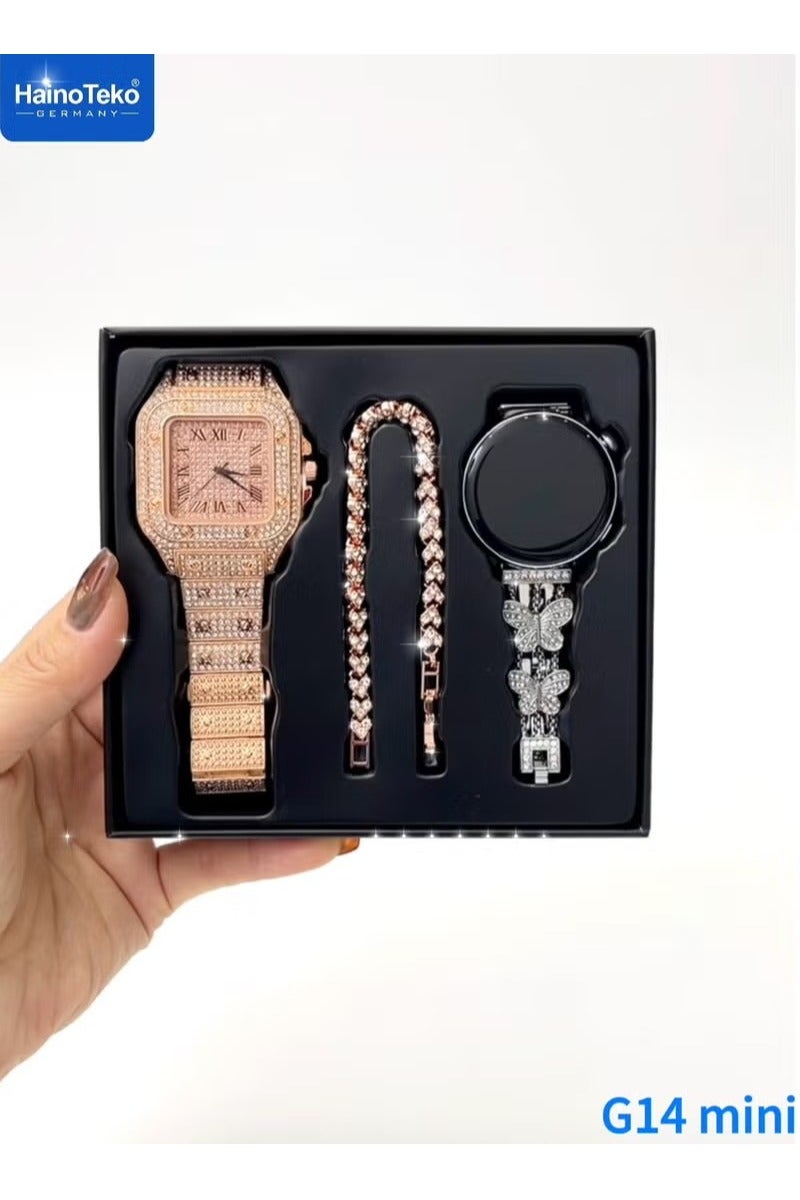 Haino Teko Haino Teko G14 Mini Smart Watch Combo for Women – Gold Smartwatch, Stylish Analog Watch, Bracelet, 3 Interchangeable Straps – Elegant Gift Set - Image 2