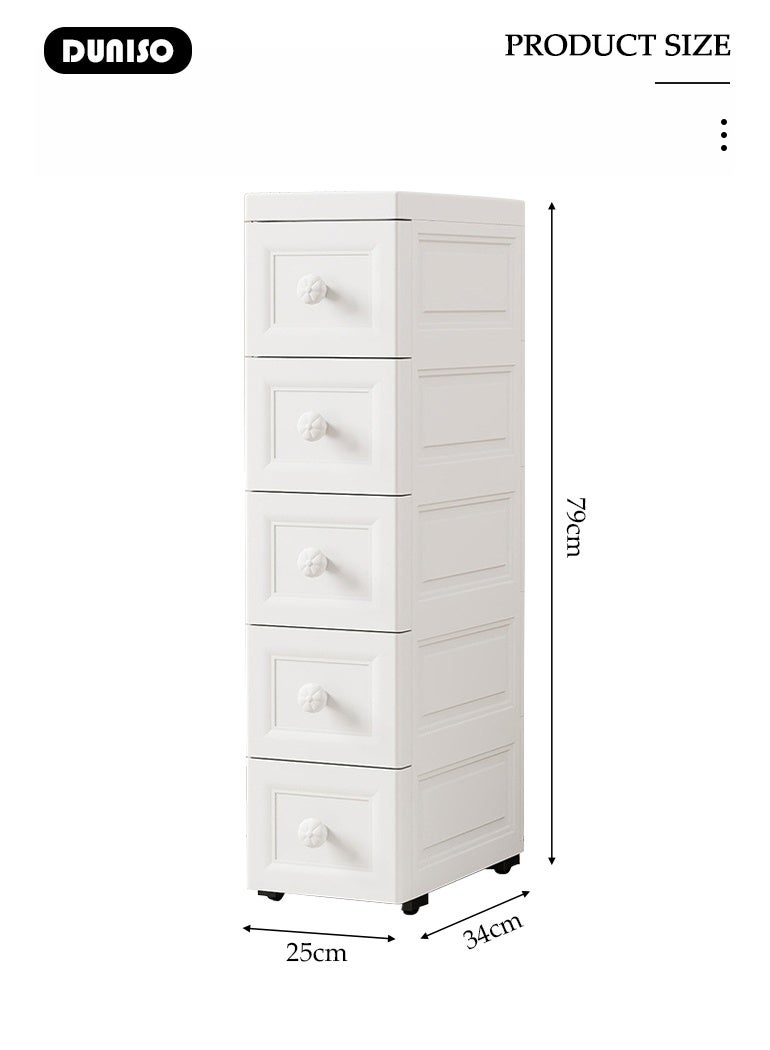 DUNISO 5-Layer Narrow Storage Cabinet  with Wheels，Slim Fabric Dresser Storage Tower for Small Spaces,Multifunctional Drawer Plastic Wardrobe，Storage Drawer Units   for Toys，Snacks，Books - Image 2