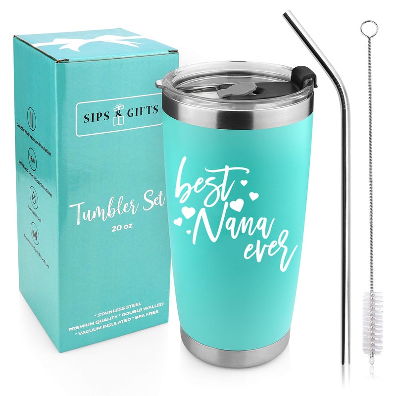 Sips & Gifts Sips  Gifts Best Nana Ever Birthday Christmas Mothers Day Gift for Nana 20 Ounce Insulated Stainless Steel Travel Tumbler With Leak Proof Lid And Metal Straw 