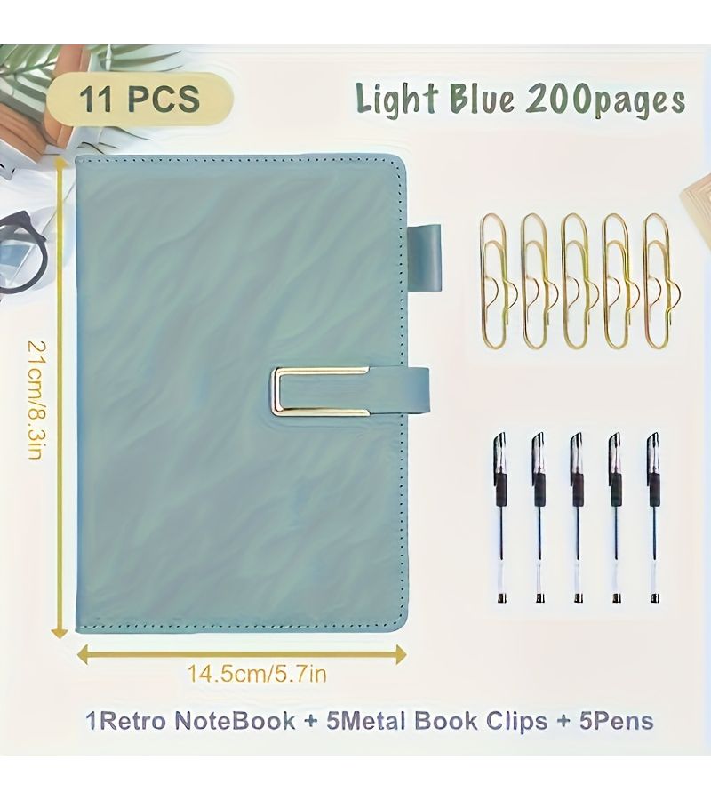 Vintage A5 Notebook Set 11pcs Light Blue With Metal Bookshelves And Pens - Image 2