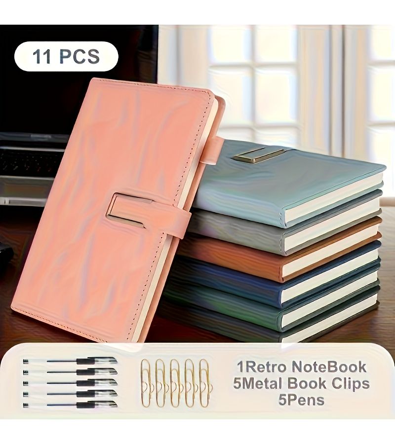 Vintage A5 Notebook Set 11pcs Light Blue With Metal Bookshelves And Pens - Image 4