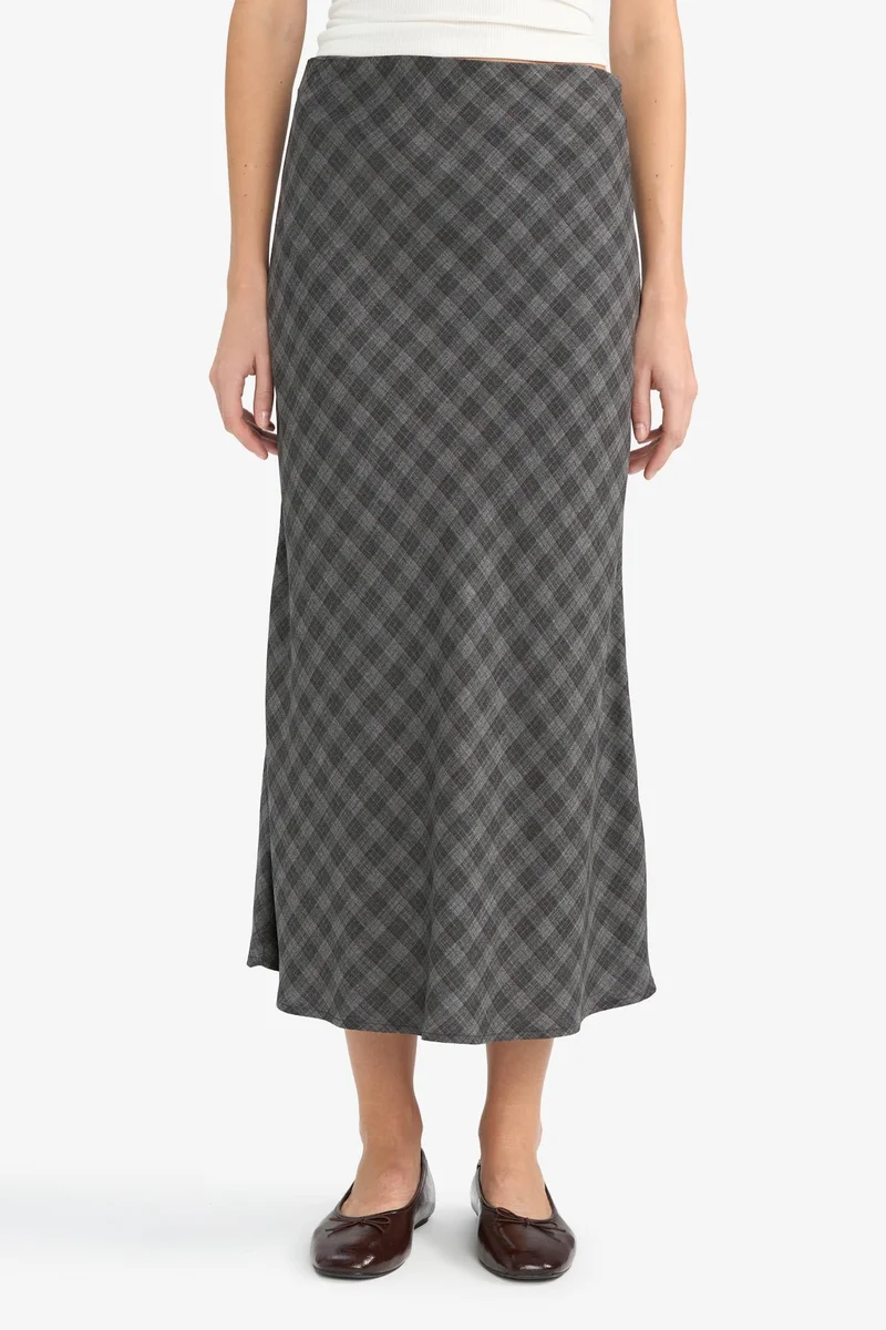 Defacto A Line Plaid Viscose High Waist Midi Skirt