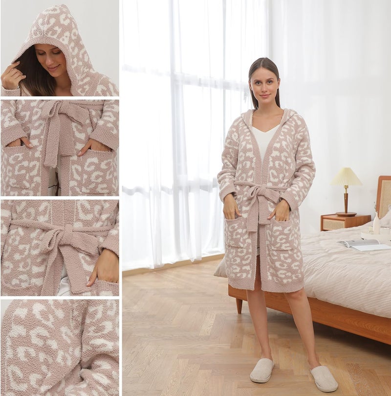 bearberry Hooded Robe Cozy In The Wild Robe Lightweight Soft Plush Bathrobe Sleepwear Nightgown with Pockets for Women(Stone/Cream) - Image 4