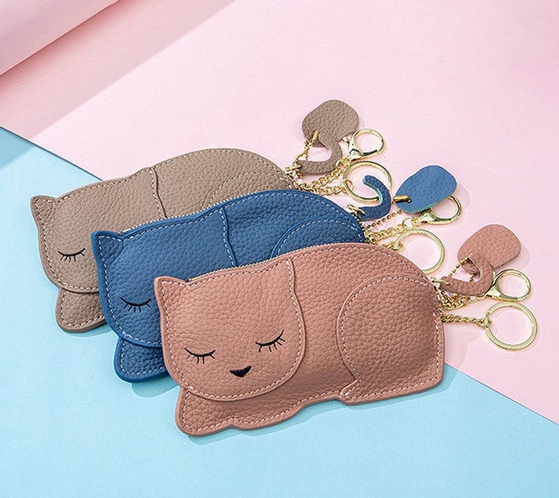 QZUnique Cat Coin Purse Mini Animal Cartoon Change Pouch with Keychain Cute Leather Wallet Key Bag for Women Kids - Image 3