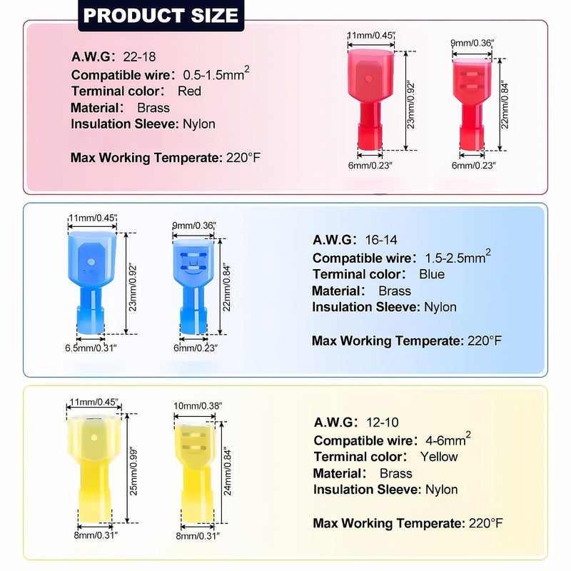 102pcs Nylon Spade Wire Connectors 22 10 AWG Fully Insulated Crimp Terminals Male Female Quick Connect Disconnect - Image 3