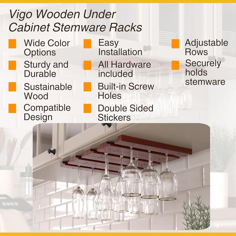 Rustic State Vigo 4 Sectional Adjustable Under Cabinet Mount Wood Stemware Rack Hanging Shelf Glassware Holder Bar Organizer with up to 12 Wine Glass Storage 12 Inch Deep Mahogany - Image 3
