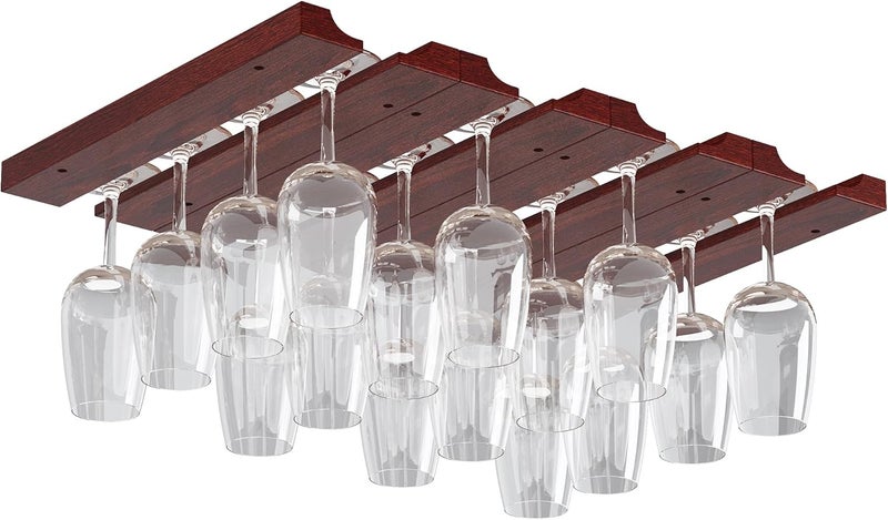 Rustic State Vigo 4 Sectional Adjustable Under Cabinet Mount Wood Stemware Rack Hanging Shelf Glassware Holder Bar Organizer with up to 12 Wine Glass Storage 12 Inch Deep Mahogany - Image 1