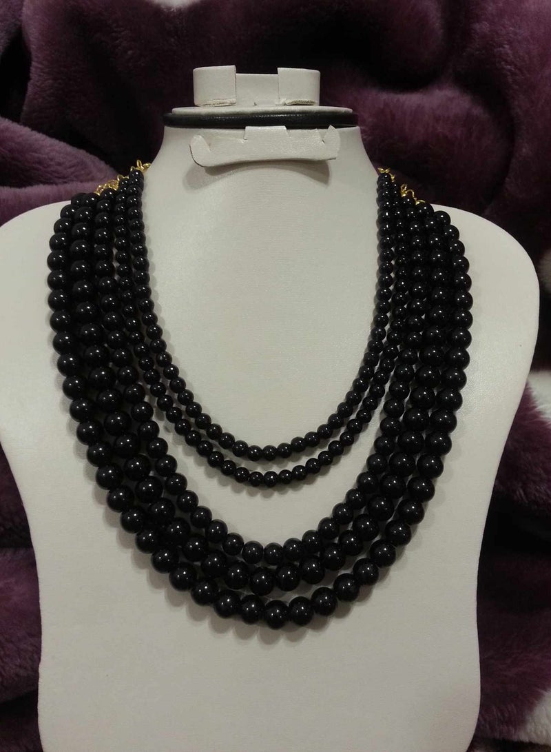 Women Necklace Multi Layered Black Pearls 