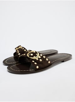 Zara Flat split suede slider sandals with studs  - Image 2