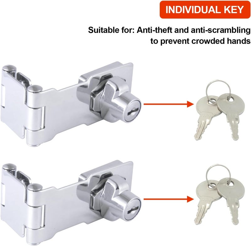 KIBBEH 2 Pack Door Lock Hasp Latchs, Collapsible Solid 304 Stainless Steel File Cabinet Lock Desk Drawer Lock, for 90 Degree and 180 Degree Drawers, Dabinets, Doors, Flip Barn Door (Individual Key) - Image 2