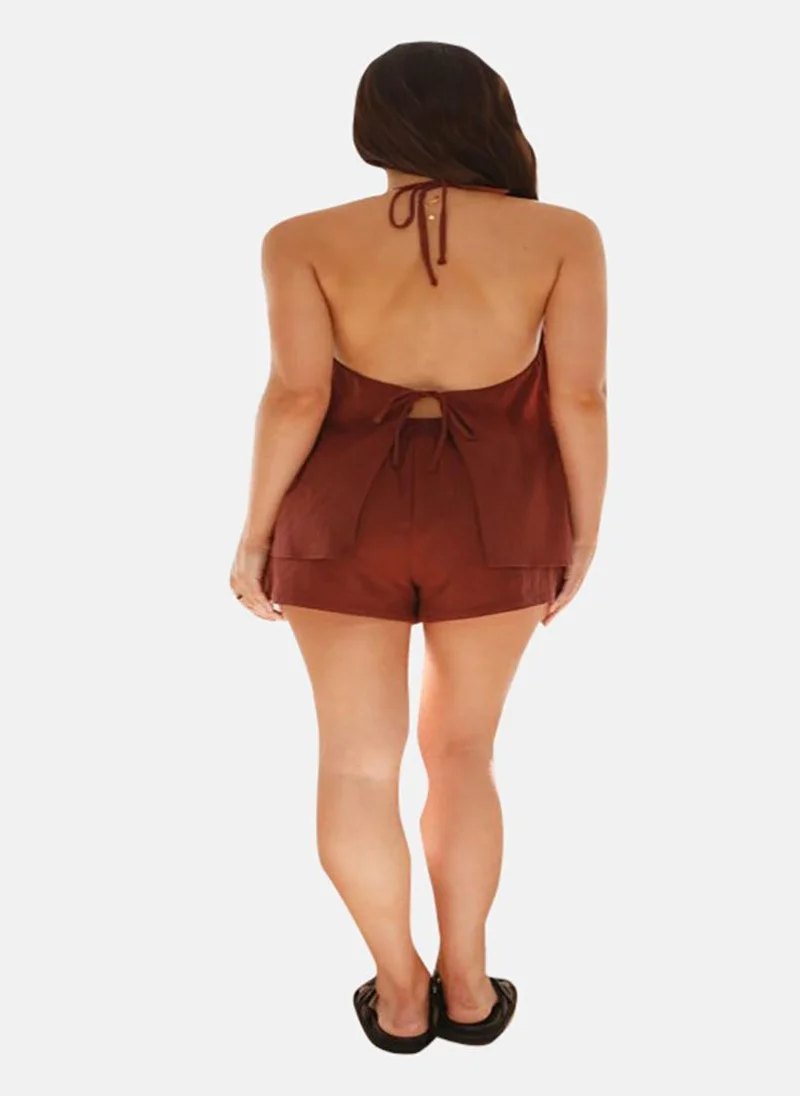 YUNIQEE Brown Sleeveless Pure Cotton Top With Short