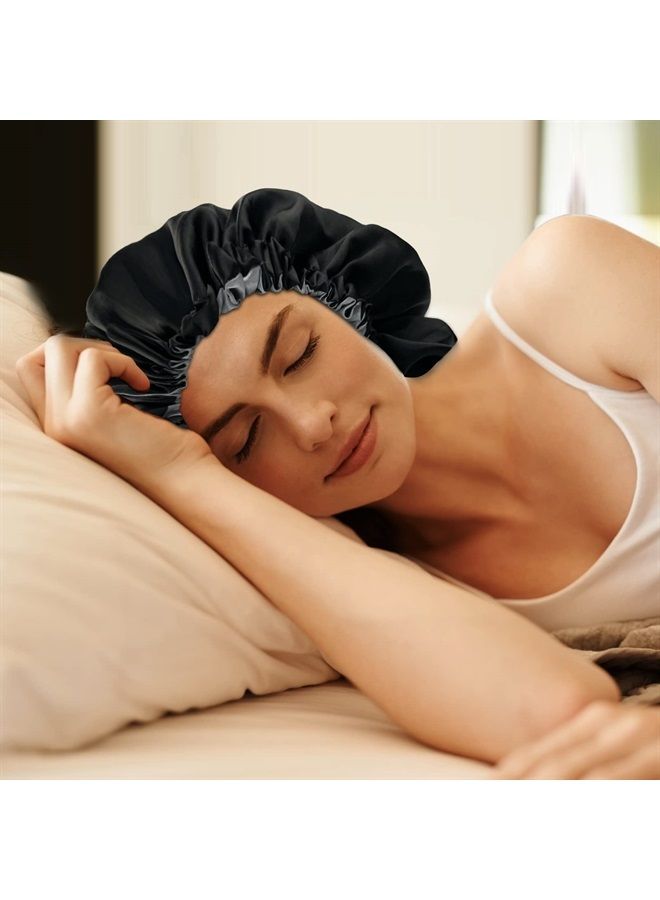 Edoneery Satin Bonnet Silk Bonnet for Curly Hair Bonnet Braid Bonnet for Sleeping Bonnets for Women Large Double-Layer Adjustable Black - Image 2