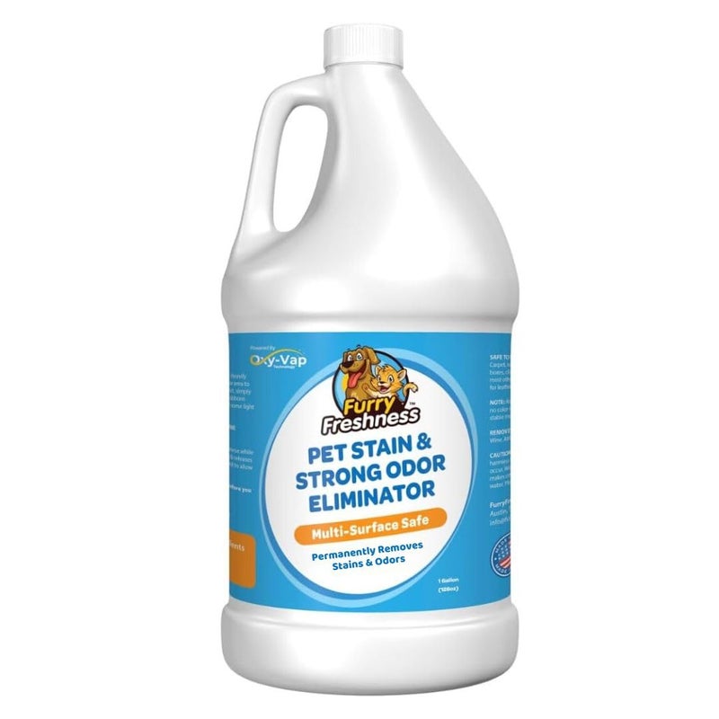 FurryFreshness Extra Strength Cat or Dog Pee Stain & Permanent Odor Remover + Smell Eliminator -Removes Stains from Pets & Kids Including Urine or Blood- Lifts Old Carpet Stains- (Gallon) - Image 1
