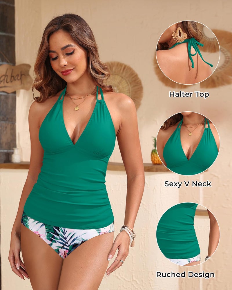 Yonique Womens Two Piece Swimsuits Tummy Control Tankini Plus Size Bathing Suit Halter V Neck Swimwear Green M - Image 4