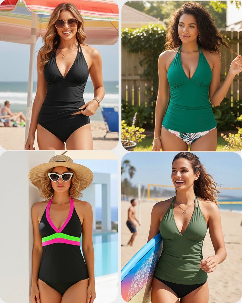 Yonique Womens Two Piece Swimsuits Tummy Control Tankini Plus Size Bathing Suit Halter V Neck Swimwear Green M - Image 5
