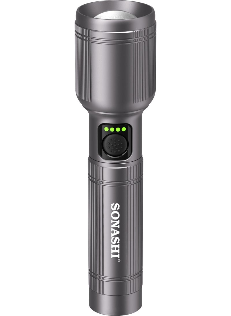 SONASHI Rechargeable LED Torch with Hyper Bright 20W Laser LED | Aerospace-Grade Aluminum | 1200m Range, 2000 Lumens | Zoom Function: ON–High–Low–OFF (Double Click for Strobe & SOS) | 4000mAh Lithium Battery, Type-C Charging, Multi-Mode Light & 3-Hour Runtime | SLT-605Z - Image 1