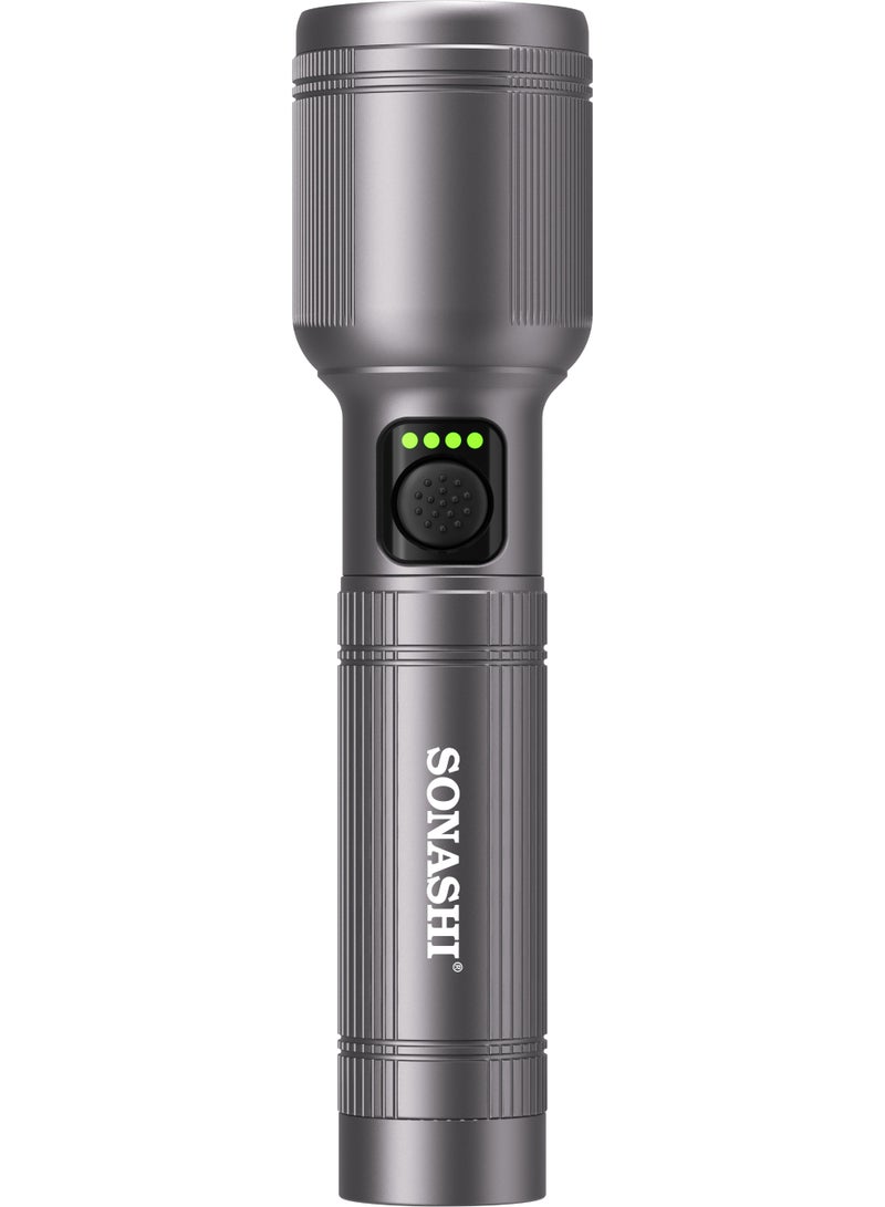 SONASHI Rechargeable LED Torch with Hyper Bright 20W Laser LED | Aerospace-Grade Aluminum | 1200m Range, 2000 Lumens | Zoom Function: ON–High–Low–OFF (Double Click for Strobe & SOS) | 4000mAh Lithium Battery, Type-C Charging, Multi-Mode Light & 3-Hour Runtime | SLT-605Z - Image 2