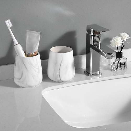 Eyrozia Marble White Toothbrush Holder for Bathroom - Ceramic Tooth Brushing Holders, Toothbrush Cup, Toothpaste Organizer for Bathroom Countertop, Makeup Brush Holder, Pen Holder for Home Desktop Storage - Image 5