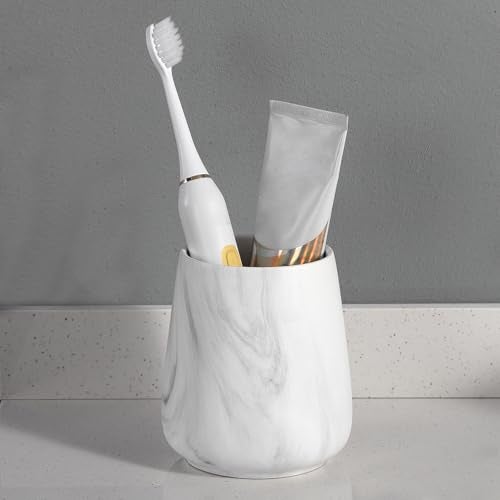 Eyrozia Marble White Toothbrush Holder for Bathroom - Ceramic Tooth Brushing Holders, Toothbrush Cup, Toothpaste Organizer for Bathroom Countertop, Makeup Brush Holder, Pen Holder for Home Desktop Storage - Image 2