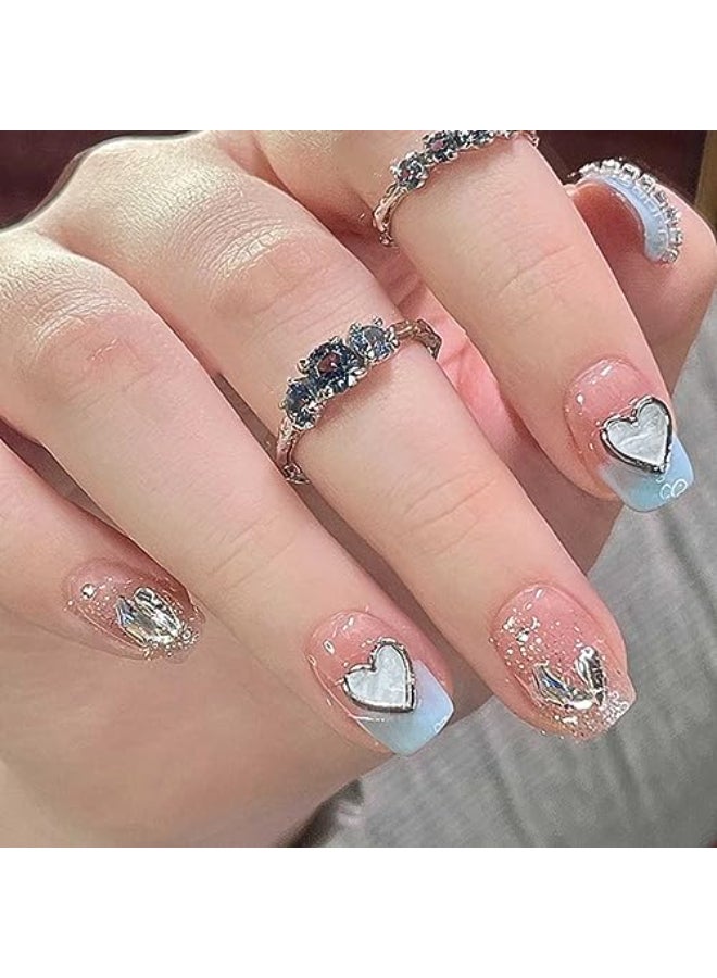 Hkanlre Square Press on Nails Short Pink Crystal Fake Nails Heart Tips Full Cover False Nails for Women and Girls 24PCS - Image 1