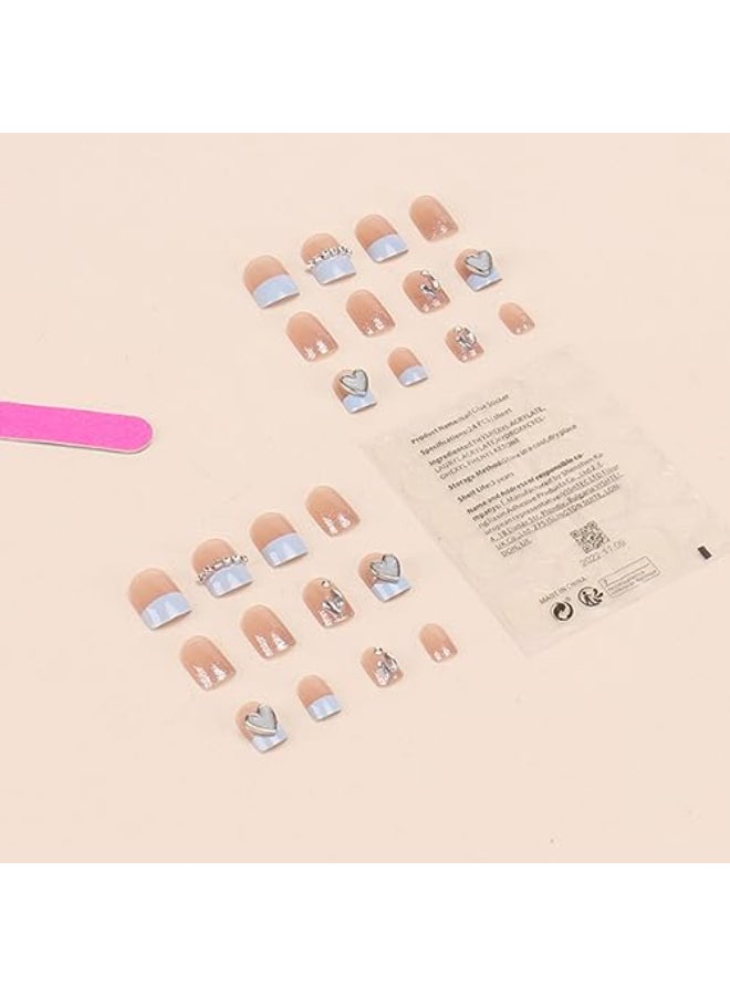Hkanlre Square Press on Nails Short Pink Crystal Fake Nails Heart Tips Full Cover False Nails for Women and Girls 24PCS - Image 3