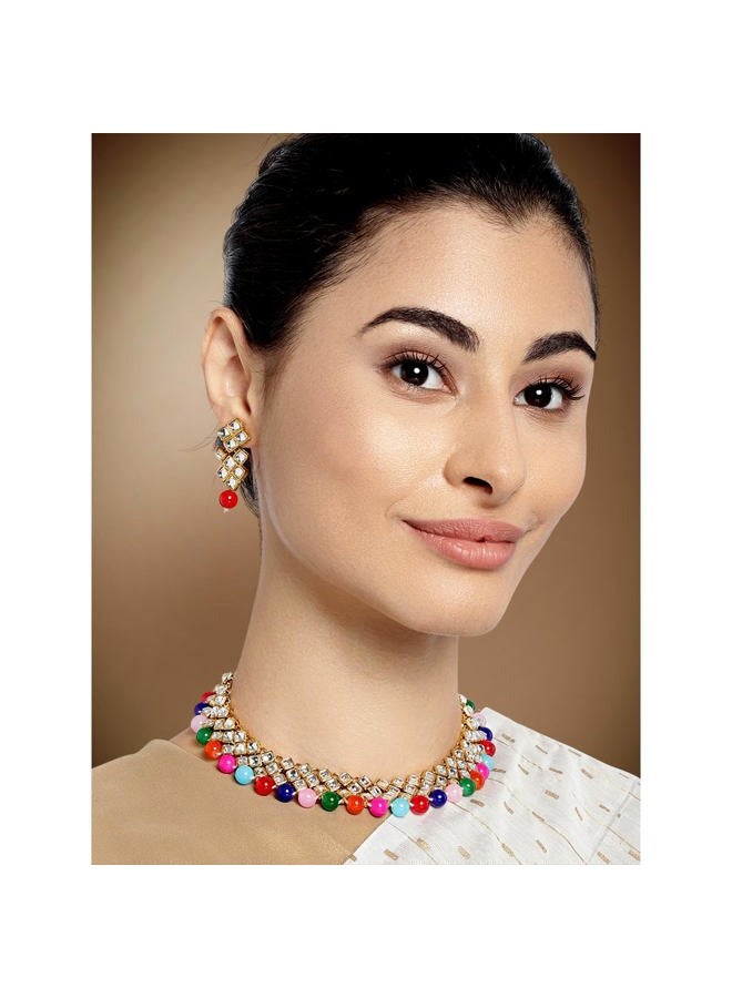 Aheli Ethnic Faux Kundan Pearl Fancy Bridal Choker Necklace Indian Traditional Bollywood Jewelry Set with Earrings for Women (Multi-Colour) - Image 2