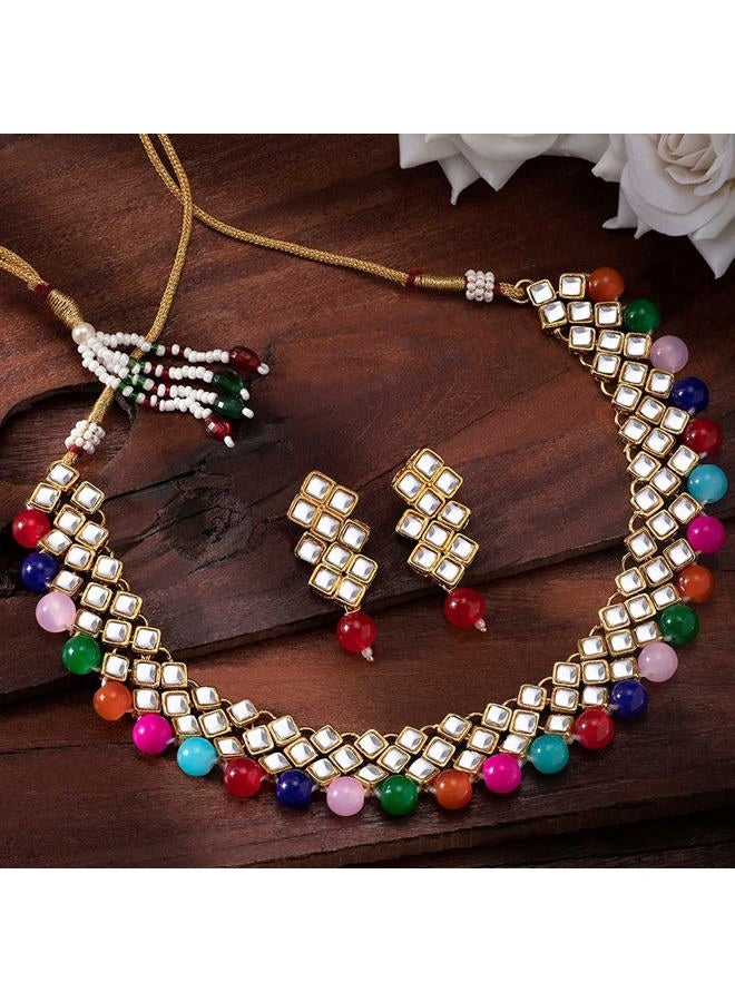 Aheli Ethnic Faux Kundan Pearl Fancy Bridal Choker Necklace Indian Traditional Bollywood Jewelry Set with Earrings for Women (Multi-Colour) - Image 3