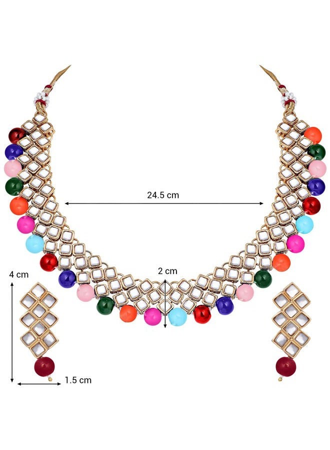 Aheli Ethnic Faux Kundan Pearl Fancy Bridal Choker Necklace Indian Traditional Bollywood Jewelry Set with Earrings for Women (Multi-Colour) - Image 4