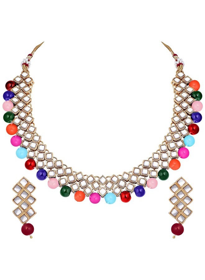 Aheli Ethnic Faux Kundan Pearl Fancy Bridal Choker Necklace Indian Traditional Bollywood Jewelry Set with Earrings for Women (Multi-Colour) - Image 1
