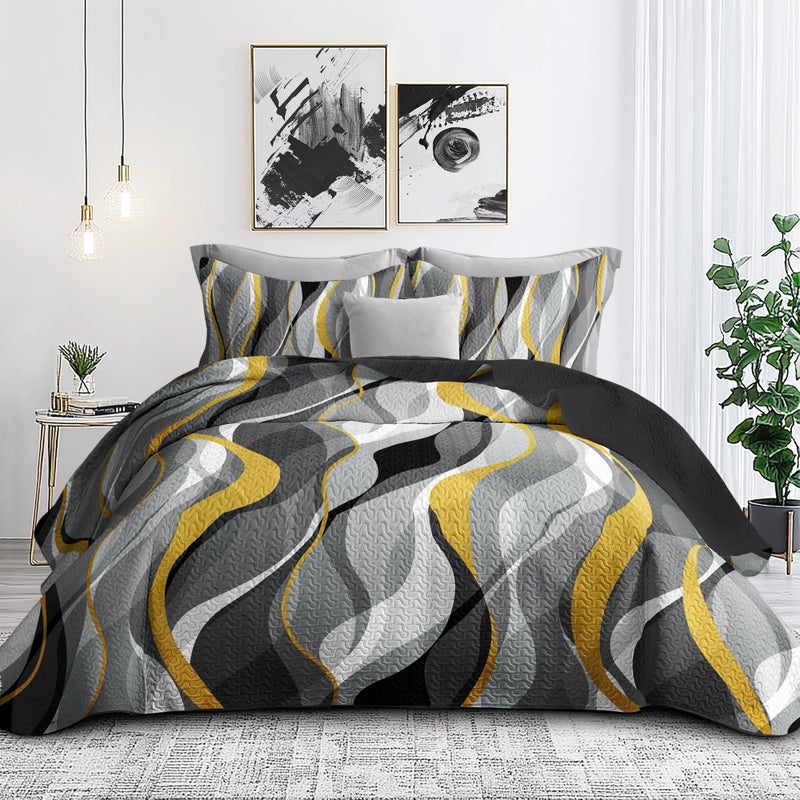 Classic Line Pattern Bedding Quilt Queen Size Modern Grey Yellow and White Stripe Quilt with 2 Shams Gray and Yellow Comforter Sets Lightweight Breathable Bedspreads Coverlet 90x96