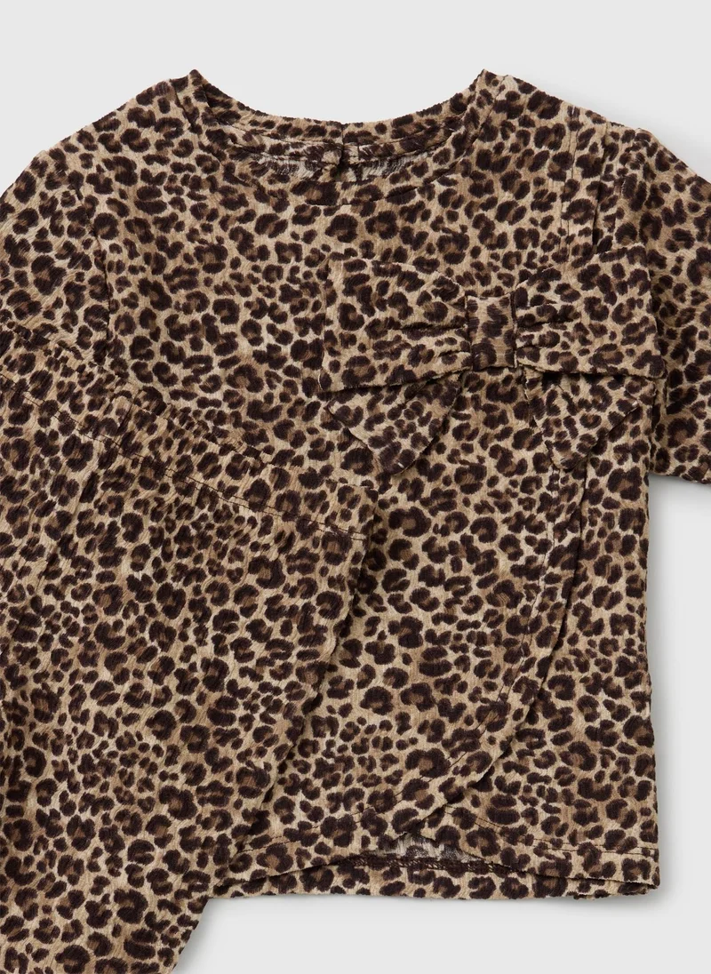 ماتلان Girls Brown Leopard Crinkle Top & Trousers Set