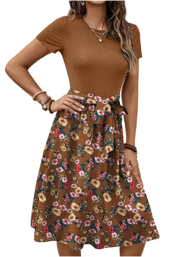 Tepveisoy Women's Fashionable Retro Patterned Printing Color Blocked Belt Casual Knee-length Dress  - Image 1