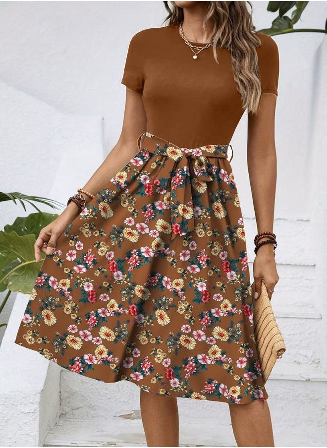 Tepveisoy Women's Fashionable Retro Patterned Printing Color Blocked Belt Casual Knee-length Dress  - Image 5