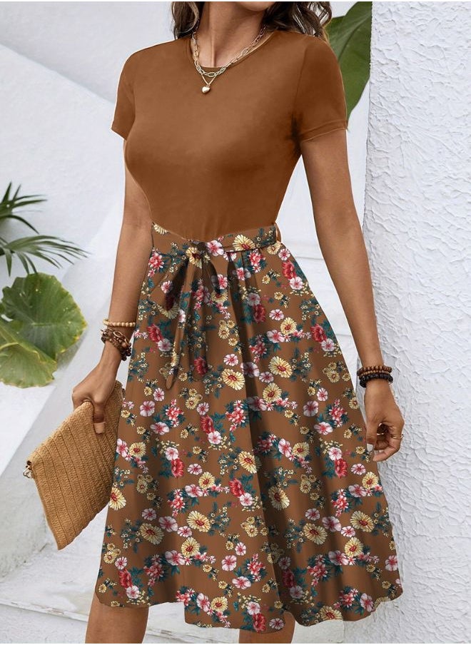 Tepveisoy Women's Fashionable Retro Patterned Printing Color Blocked Belt Casual Knee-length Dress  - Image 2