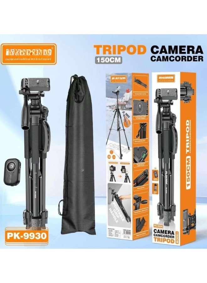 حامل ثلاثي القوائم PK-9930 قابل للتعديل الارتفاع من سبائك الألومنيوم مع جهاز تحكم عن بعد متوافق مع جميع الهواتف الذكية للبث المباشر والتقاط صور سيلفي، حامل إضاءة لتسجيل الفيديو والتصوير الفوتوغرافي، حمولة تصل إلى 5 كجم، حتى 150 سم - Image 1