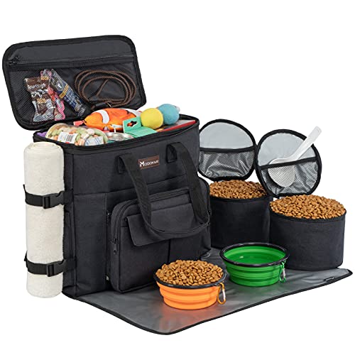 Modoker Dog Travel Bag with 2 Collapsible Dog Bowls 1 Dog Backpack Airline Approved Pet Travel BagOrganizer for Supplies Accessories 2 Travel Dog Food Container Black