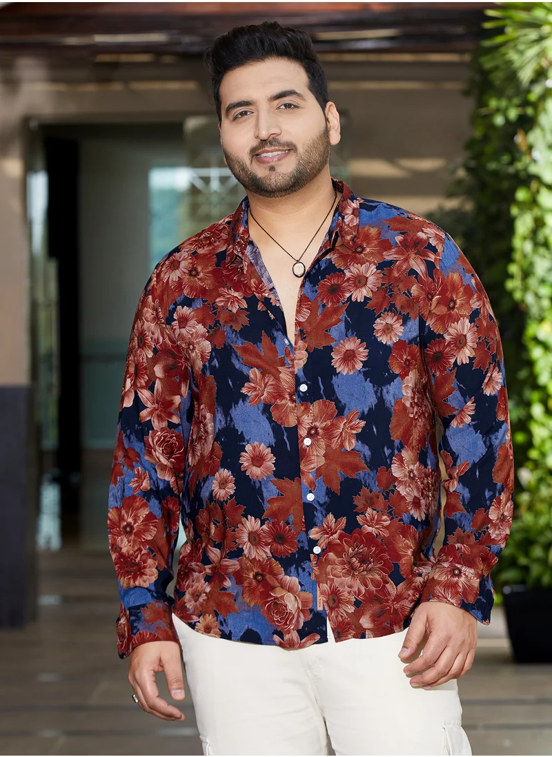 انستافاب بلس Instafab Plus Men's Brown & Black Floral Overlap Shirt For Casual Wear | Spread Collar | Long Cuffed Sleeves | Button Closure | Plus Size Shirt Crafted With Comfort Fit For Everyday Wear