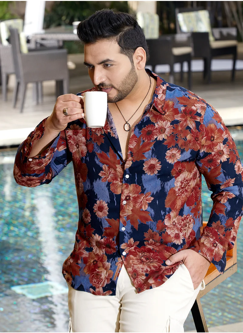 انستافاب بلس Instafab Plus Men's Brown & Black Floral Overlap Shirt For Casual Wear | Spread Collar | Long Cuffed Sleeves | Button Closure | Plus Size Shirt Crafted With Comfort Fit For Everyday Wear