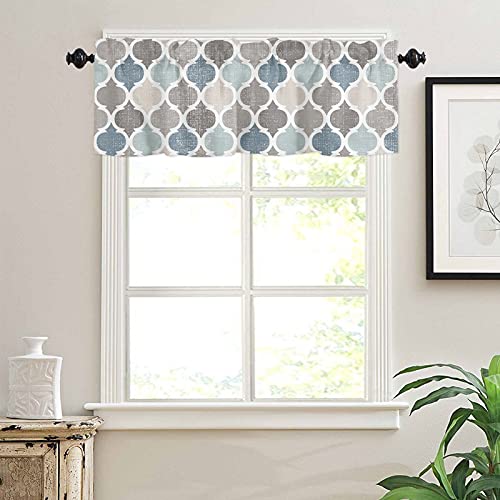 Hostline Curtains for Living Room Retro Blue Moroccan Geometric Pattern Semi Sheer for Windows Rod Pocket Short Window Treatment Décor, Light Filtering, Kitchen Valance 54inx18in - Image 1