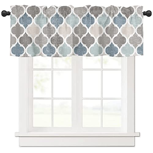 Hostline Curtains for Living Room Retro Blue Moroccan Geometric Pattern Semi Sheer for Windows Rod Pocket Short Window Treatment Décor, Light Filtering, Kitchen Valance 54inx18in - Image 3